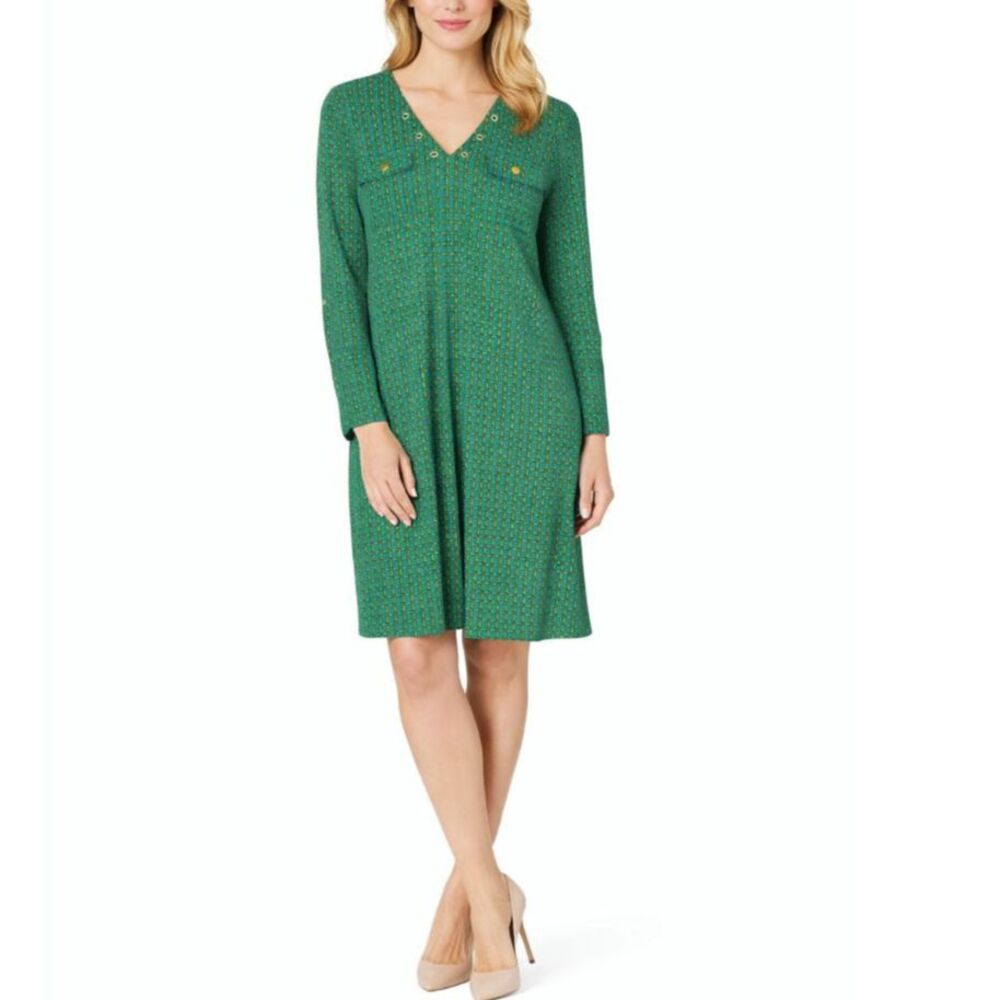 Michael Kors Women's Jade Green Chain Print Silky Knee Length Shift Dress Size S